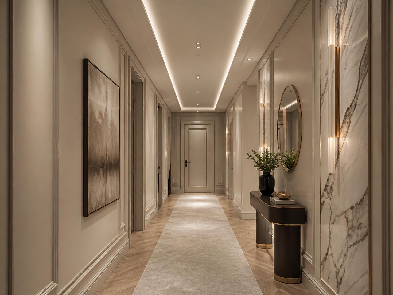 Hall com pladur, LED e acabamentos em mármore