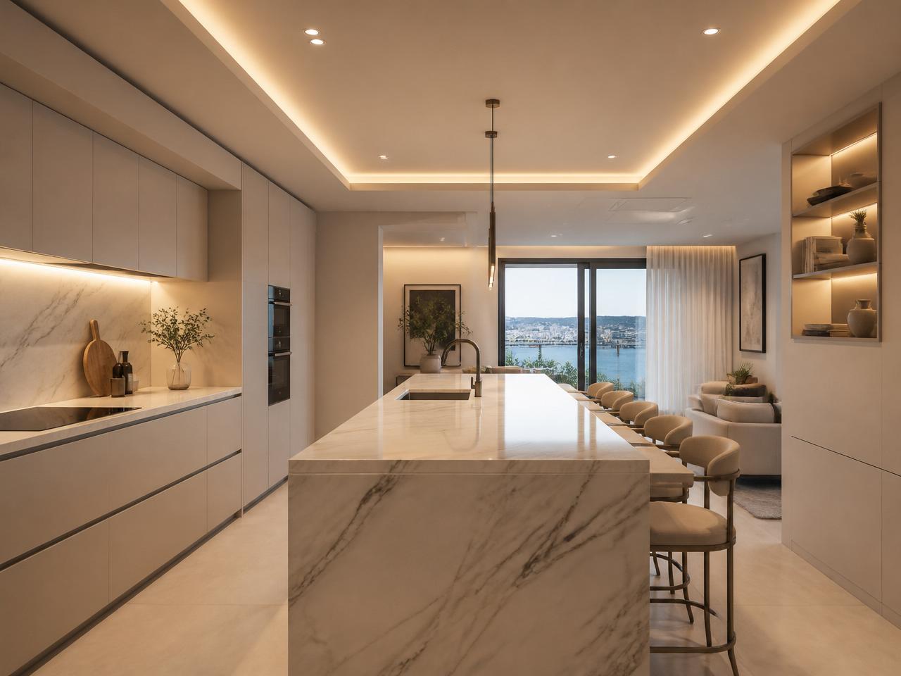 Cozinha remodelada com teto falso e iluminação integrada